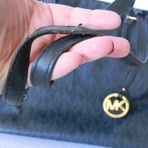 MICHAEL KORS JET SET NAVY BLUE DOUBLE POCKET TOTE SHOULDER BAG PURSE MK LOGO - Picture 4 of 9